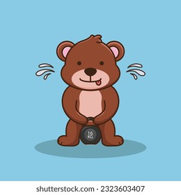 Adorable and Cute Cartoon Bear lifting Kettlebell vector design. Muscles training, Fitness mascot design. Cartoon Vector Workout Icon Illustration, Gym Workout mascot, cute sticker, cartoon style.