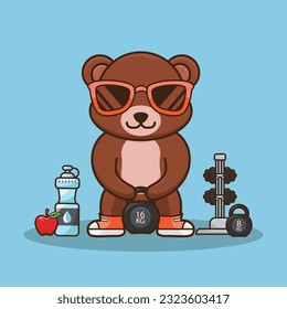 Adorable and Cute Cartoon Bear lifting Kettlebell vector design. Muscles training, Fitness mascot design. Cartoon Vector Workout Icon Illustration, Gym Workout mascot, cute sticker, cartoon style.