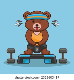 Adorable and Cute Cartoon Bear lifting Kettlebell vector design. Muscles training, Fitness mascot design. Cartoon Vector Workout Icon Illustration, Gym Workout mascot, cute sticker, cartoon style.