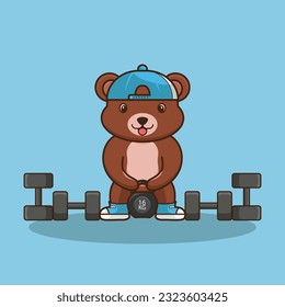 Adorable and Cute Cartoon Bear lifting Kettlebell vector design. Muscles training, Fitness mascot design. Cartoon Vector Workout Icon Illustration, Gym Workout mascot, cute sticker, cartoon style.