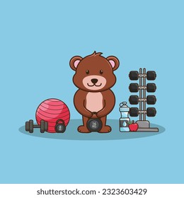 Adorable and Cute Cartoon Bear lifting Kettlebell vector design. Muscles training, Fitness mascot design. Cartoon Vector Workout Icon Illustration, Gym Workout mascot, cute sticker, cartoon style.