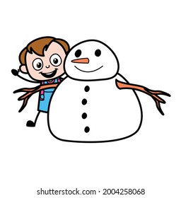 Adorable Cute Cartoon Boy with snowman