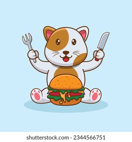 Adorable and Cute Cartoon Cat eat Burger Mascot Vector, Cute Cartoon Logo Animal and Food Mascot Illustration Style, Cute Cartoon Logo Animal and Food Mascot Illustration Design, Cute Sticker Design