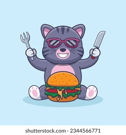 Adorable and Cute Cartoon Cat eat Burger Mascot Vector, Cute Cartoon Logo Animal and Food Mascot Illustration Style, Cute Cartoon Logo Animal and Food Mascot Illustration Design, Cute Sticker Design