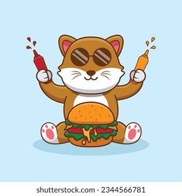 Adorable and Cute Cartoon Cat eat Burger Mascot Vector, Cute Cartoon Logo Animal and Food Mascot Illustration Style, Cute Cartoon Logo Animal and Food Mascot Illustration Design, Cute Sticker Design