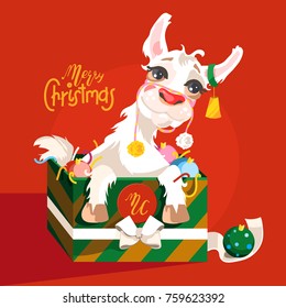 Adorable, cute, cartoon Christmas llama character. Llama in the gift box with Christmas toys (balls) and confetti with bell on the ear. Christmas greeting card