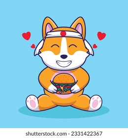 Adorable and Cute Cartoon corgy eat Burger Mascot Vector, Cute Cartoon Logo Animal and Food Mascot Illustration Style, Cute Cartoon Logo Animal and Food Mascot Illustration Design, Cute Sticker Design