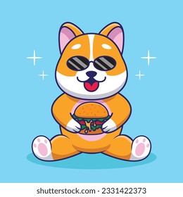 Adorable and Cute Cartoon corgy eat Burger Mascot Vector, Cute Cartoon Logo Animal and Food Mascot Illustration Style, Cute Cartoon Logo Animal and Food Mascot Illustration Design, Cute Sticker Design