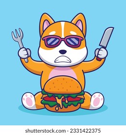 Adorable and Cute Cartoon corgy eat Burger Mascot Vector, Cute Cartoon Logo Animal and Food Mascot Illustration Style, Cute Cartoon Logo Animal and Food Mascot Illustration Design, Cute Sticker Design