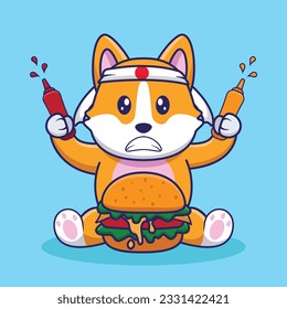 Adorable and Cute Cartoon corgy eat Burger Mascot Vector, Cute Cartoon Logo Animal and Food Mascot Illustration Style, Cute Cartoon Logo Animal and Food Mascot Illustration Design, Cute Sticker Design