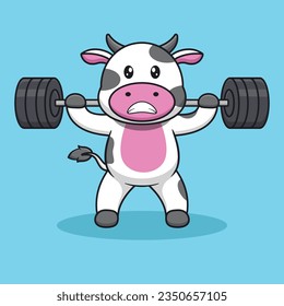Adorable and Cute Cartoon Cow Lifting barbell Mascot Vector, Cute Cartoon Logo Animal, Gym Mascot Illustration Style, Cute Cartoon Logo Animal and Gym Mascot Illustration Design, Cute Sticker Design