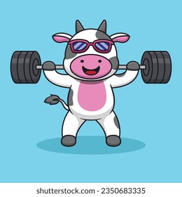 Vector de mascota para el levantamiento de vacas adorable y lindo, logotipo de dibujos animados, estilo de ilustración de mascota animal y gimnasio, animal con logotipo de dibujos animados, diseño de ilustraciones de mascotas de gimnasio, diseño de pegatinas