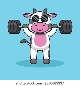 Adorable and Cute Cartoon Cow Lifting barbell Mascot Vector, Cute Cartoon Logo Animal and Gym Mascot Illustration Style, Cute Cartoon Logo Animal, Gym Mascot Illustration Design, Cute Sticker Design