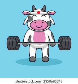 Adorable and Cute Cartoon Cow Lifting barbell Mascot Vector, Cute Cartoon Logo Animal and Gym Mascot Illustration Style, Cute Cartoon Logo Animal, Gym Mascot Illustration Design, Cute Sticker Design
