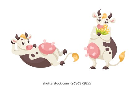 Adorable and Cute Cartoon Cows with Colorful Flowers in Playful and Cheerful Poses