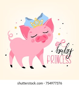 Adorable, cute, cartoon, flat bright pink piggy, pig baby princess, kids print, card. Pig in crown and bow, with closed eyes 