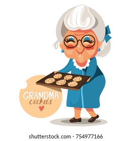 Adorable, cute, cartoon, flat character grandmother, grandma,  in a blue dress and glasses with cooked, fresh baked cookies with chocolate chips