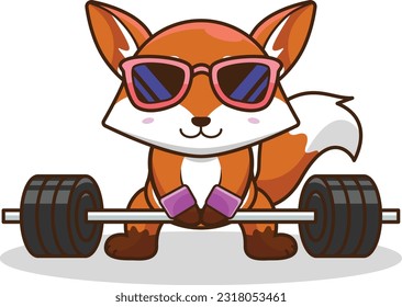 Adorable and Cute Cartoon Fox lifting Barbell vector illustration, Muscles training with a Barbell. Cartoon Vector Workout Icon Illustration, Gym Workout mascot, cute sticker, cartoon style.