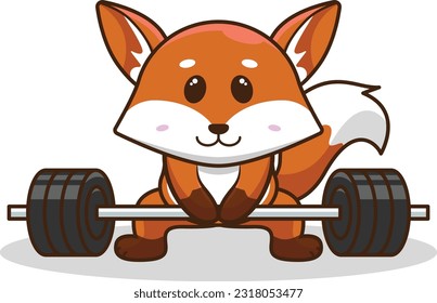 Adorable and Cute Cartoon Fox lifting Barbell vector illustration, Muscles training with a Barbell. Cartoon Vector Workout Icon Illustration, Gym Workout mascot, cute sticker, cartoon style.