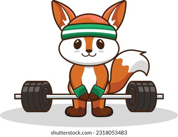 Adorable and Cute Cartoon Fox lifting Barbell vector illustration, Muscles training with a Barbell. Cartoon Vector Workout Icon Illustration, Gym Workout mascot, cute sticker, cartoon style.