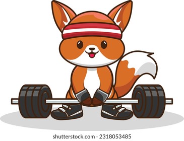Adorable and Cute Cartoon Fox lifting Barbell vector illustration, Muscles training with a Barbell. Cartoon Vector Workout Icon Illustration, Gym Workout mascot, cute sticker, cartoon style.