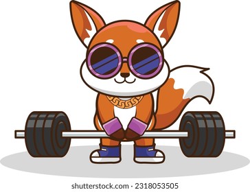 Adorable and Cute Cartoon Fox lifting Barbell vector illustration, Muscles training with a Barbell. Cartoon Vector Workout Icon Illustration, Gym Workout mascot, cute sticker, cartoon style.