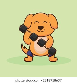 Adorable and Cute Cartoon golden retriever puppy lifting dumbbell, Muscles training at gym. Cartoon Vector Workout Icon Illustration, Gym Workout mascot, cute sticker, cartoon style.