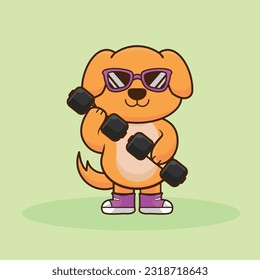 Adorable and Cute Cartoon golden retriever puppy lifting dumbbell, Muscles training at gym. Cartoon Vector Workout Icon Illustration, Gym Workout mascot, cute sticker, cartoon style.