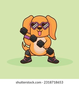 Adorable and Cute Cartoon golden retriever puppy lifting dumbbell, Muscles training at gym. Cartoon Vector Workout Icon Illustration, Gym Workout mascot, cute sticker, cartoon style.
