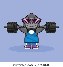Adorable and cute Cartoon Gorilla, Muscles training with a kettlebell. Cartoon Vector Workout Icon Illustration. workout Icon Concept Isolated Premium Vector. Cute Gorilla workout cartoon style. 