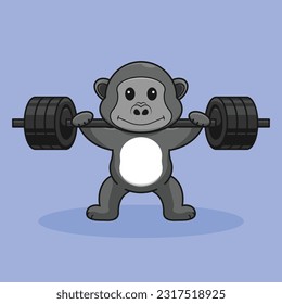 Adorable and cute Cartoon Gorilla, Muscles training with a kettlebell. Cartoon Vector Workout Icon Illustration. workout Icon Concept Isolated Premium Vector. Cute Gorilla workout cartoon style. 