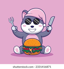Adorable and Cute Cartoon husky eat Burger Mascot Vector, Cute Cartoon Logo Animal and Food Mascot Illustration Style, Cute Cartoon Logo Animal and Food Mascot Illustration Design, Cute Sticker Design