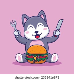 Adorable and Cute Cartoon husky eat Burger Mascot Vector, Cute Cartoon Logo Animal and Food Mascot Illustration Style, Cute Cartoon Logo Animal and Food Mascot Illustration Design, Cute Sticker Design