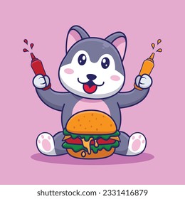 Adorable and Cute Cartoon husky eat Burger Mascot Vector, Cute Cartoon Logo Animal and Food Mascot Illustration Style, Cute Cartoon Logo Animal and Food Mascot Illustration Design, Cute Sticker Design