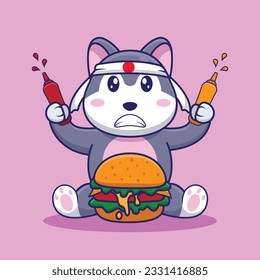 Adorable and Cute Cartoon husky eat Burger Mascot Vector, Cute Cartoon Logo Animal and Food Mascot Illustration Style, Cute Cartoon Logo Animal and Food Mascot Illustration Design, Cute Sticker Design