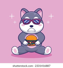 Adorable and Cute Cartoon husky eat Burger Mascot Vector, Cute Cartoon Logo Animal and Food Mascot Illustration Style, Cute Cartoon Logo Animal and Food Mascot Illustration Design, Cute Sticker Design