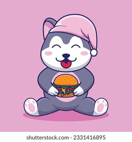 Adorable and Cute Cartoon husky eat Burger Mascot Vector, Cute Cartoon Logo Animal and Food Mascot Illustration Style, Cute Cartoon Logo Animal and Food Mascot Illustration Design, Cute Sticker Design
