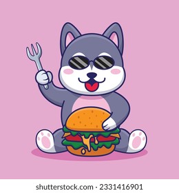 Adorable and Cute Cartoon husky eat Burger Mascot Vector, Cute Cartoon Logo Animal and Food Mascot Illustration Style, Cute Cartoon Logo Animal and Food Mascot Illustration Design, Cute Sticker Design