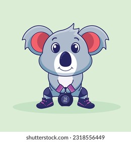 Adorable and Cute Cartoon Koala lifting Kettlebell vector design. Muscles training, Fitness mascot design. Cartoon Vector Workout Icon Illustration, Gym Workout mascot, cute sticker, cartoon style.