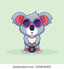Adorable and Cute Cartoon Koala lifting Kettlebell vector design. Muscles training, Fitness mascot design. Cartoon Vector Workout Icon Illustration, Gym Workout mascot, cute sticker, cartoon style.