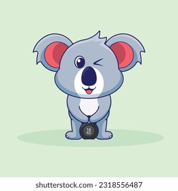 Adorable and Cute Cartoon Koala lifting Kettlebell vector design. Muscles training, Fitness mascot design. Cartoon Vector Workout Icon Illustration, Gym Workout mascot, cute sticker, cartoon style.