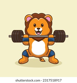 Adorable and cute Cartoon Lion, Muscles training with a kettlebell. Cartoon Vector Workout Icon Illustration. workout Icon Concept Isolated Premium Vector. Cute Lion workout cartoon style. 