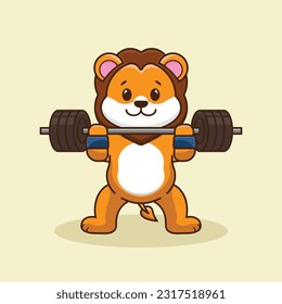Adorable and cute Cartoon Lion, Muscles training with a kettlebell. Cartoon Vector Workout Icon Illustration. workout Icon Concept Isolated Premium Vector. Cute Lion workout cartoon style. 