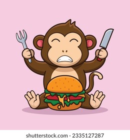 Adorable and Cute Cartoon monkey eat Burger Mascot logo, Cute Cartoon Logo Animal and Food Mascot Illustration Style, Cute Cartoon Logo Animal and Food Mascot Illustration Design, Cute Sticker Design