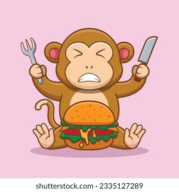 Adorable and Cute Cartoon monkey eat Burger Mascot logo, Cute Cartoon Logo Animal and Food Mascot Illustration Style, Cute Cartoon Logo Animal and Food Mascot Illustration Design, Cute Sticker Design