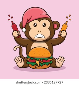 Adorable and Cute Cartoon monkey eat Burger Mascot Logo, Cute Cartoon Logo Animal and Food Mascot Illustration Style, Cute Cartoon Logo Animal and Food Mascot Illustration Design, Cute Sticker Design