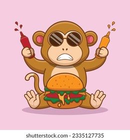 Adorable and Cute Cartoon monkey eat Burger Mascot Logo, Cute Cartoon Logo Animal and Food Mascot Illustration Style, Cute Cartoon Logo Animal and Food Mascot Illustration Design, Cute Sticker Design