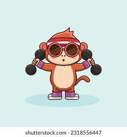 Adorable and Cute Cartoon Monkey lifting dumbbell, Muscles training at gym. Cartoon Vector Workout Icon Illustration, Gym Workout mascot, cute sticker, cartoon style.