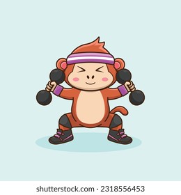 Adorable and Cute Cartoon Monkey lifting dumbbell, Muscles training at gym. Cartoon Vector Workout Icon Illustration, Gym Workout mascot, cute sticker, cartoon style.