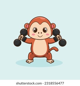 Adorable and Cute Cartoon Monkey lifting dumbbell, Muscles training at gym. Cartoon Vector Workout Icon Illustration, Gym Workout mascot, cute sticker, cartoon style.
